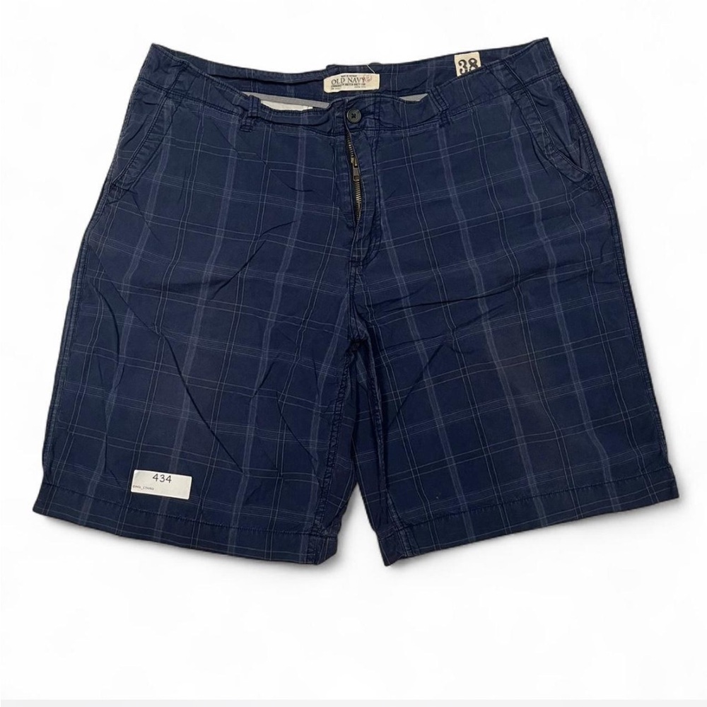 Old Navy Men's Plaid Chino Shorts Navy Blue Flat Front Size 38 Casual Golf
